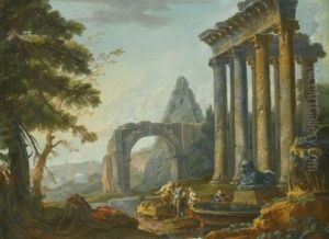 An Architectural Capriccio With The Temple Of Concordia, The Arch Of Titus And The Pyramid Of Caius Cestius, With Figures Before A Fountain In The Foreground