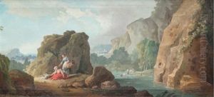 Obelisque Avec Des Personnages Autour D'un Brasero Et Paysage De Riviere Anime (pair)