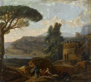 Lavandieres At A Stream, In A Classical Landscape With Ruins