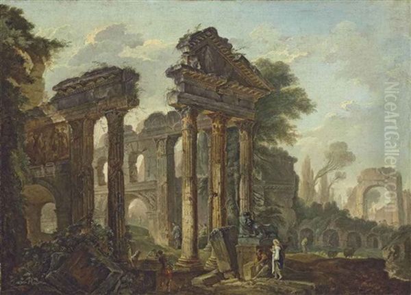 An Architectural Capriccio With Peasants Resting Amongst Roman Ruins - view 1