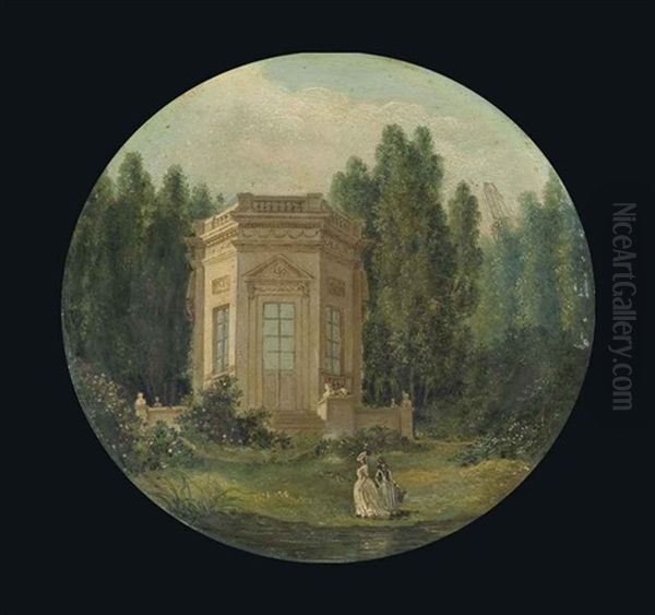 Les Jardins Du Petit Trianon Avec Le Belvedere A Versailles Et Une Jeune Femme (marie-antoinette ?) Se Promenant - view 1