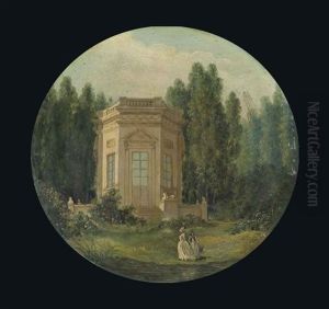 Les Jardins Du Petit Trianon Avec Le Belvedere A Versailles Et Une Jeune Femme (marie-antoinette ?) Se Promenant