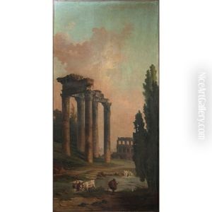 Caprice Architectural Avec Les Ruines Du Temple De Saturne Et Le Colysee Dans Le Fond by Hubert Robert