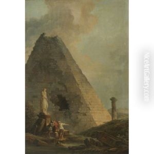 A Capriccio With The Pyramid Of Cestius And Travellers In An Italianate Landscape by Hubert Robert