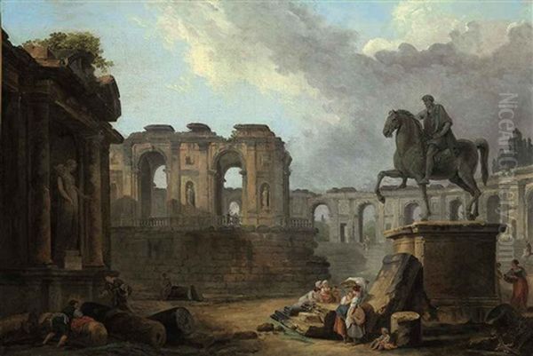 A Roman Capriccio With Washerwomen By The Statue Of Marcus Aurelius - view 1