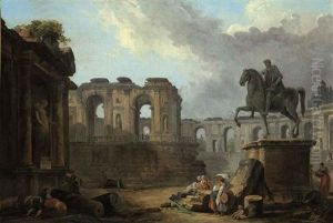 A Roman Capriccio With Washerwomen By The Statue Of Marcus Aurelius