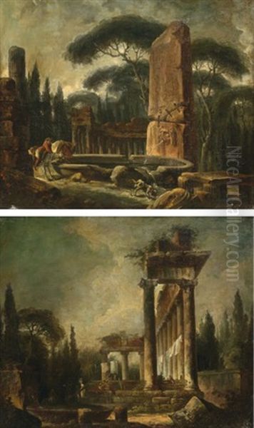 Caprice Representant Le Temple De Saturne Au Forum De Rome (+ Caprice De Ruines Architecturales Avec Une Fontaine Et Un Obelisque Animes D'un Cavalier Et De Son Chien; Pair) - view 1