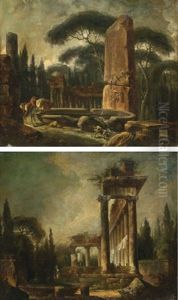 Caprice Representant Le Temple De Saturne Au Forum De Rome (+ Caprice De Ruines Architecturales Avec Une Fontaine Et Un Obelisque Animes D'un Cavalier Et De Son Chien; Pair)