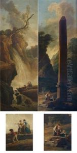 Promeneurs Pres D'une Cascade Pres De Tivoli (+ Lavandieres Pres De L'obelisque; Pair)