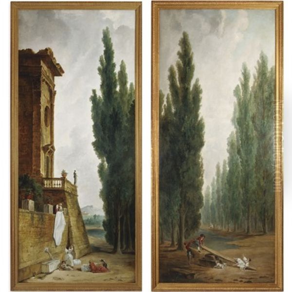 Laundry Maids Outside A Classical Villa (+ Elegant Couple On A Seesaw; Pair) - view 1