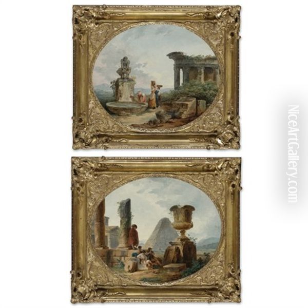 Women Fetching Water At A Fountain Among Classical Ruins (+ Figures Contemplating An Urn Among Ruins With A Pyramid; Pair) - view 1