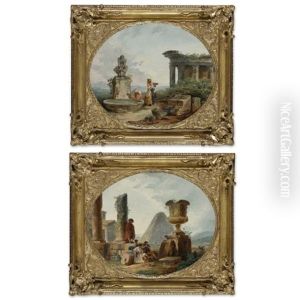 Women Fetching Water At A Fountain Among Classical Ruins (+ Figures Contemplating An Urn Among Ruins With A Pyramid; Pair) by Hubert Robert