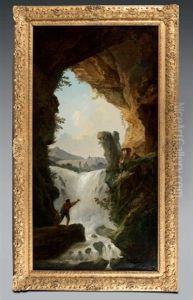 Groupe De Personnages Devant Une Cascade Vue Depuis Une Grotte