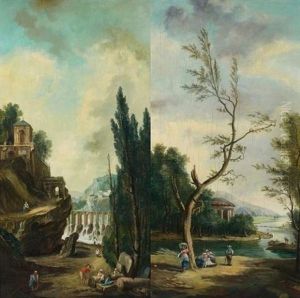 Caprices Architecturaux Animes (pair) by Hubert Robert