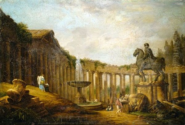 Capriccio Mit Romischen Kolonnaden, Reiterstandbild, Brunnen Und Staffagefiguren - view 1