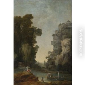 An Artist (hubert Robert?) And A Female Companion Observing A Boating Party In An Extensive Park by Hubert Robert