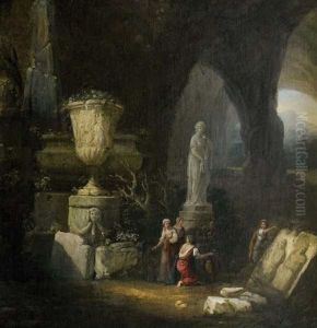 Paysage Aux Vases Et Bas-reliefs Antiques by Hubert Robert