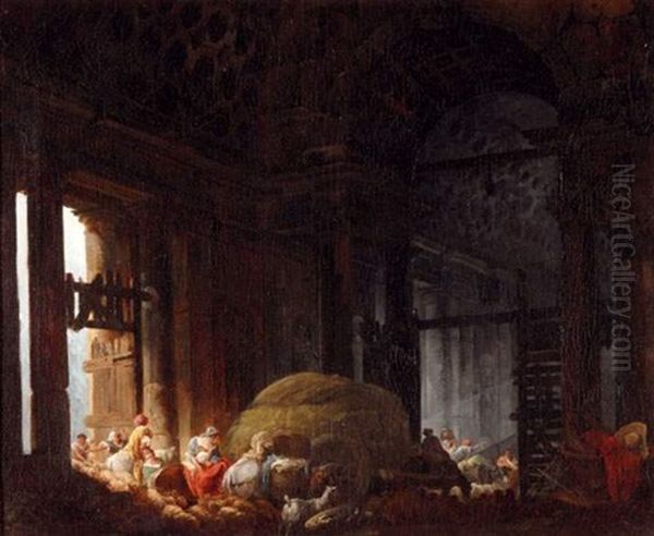Vue D'une Grande Galerie Antique Animee De Paysans Et De Leur Troupeau - view 1