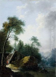 Paesaggio Boschivo Con Figura Elegante Su Una Barca (+ Paesaggio Boschivo Con Personaggi In Abiti Eleganti; 2 Works) by Hubert Robert