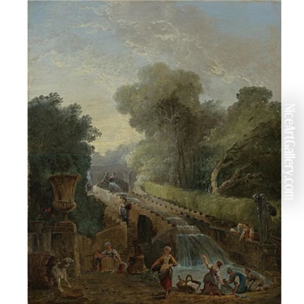 A View Of The Cascade At The Villa D'este, Rome, With Women Washing Clothes At Its Base (les Lavandieres) - view 1