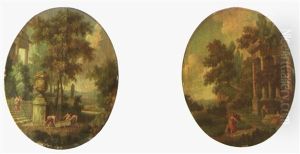 Ruines Antiques Animees De Personnages Dans De Paysages Boises (pair) by Hubert Robert