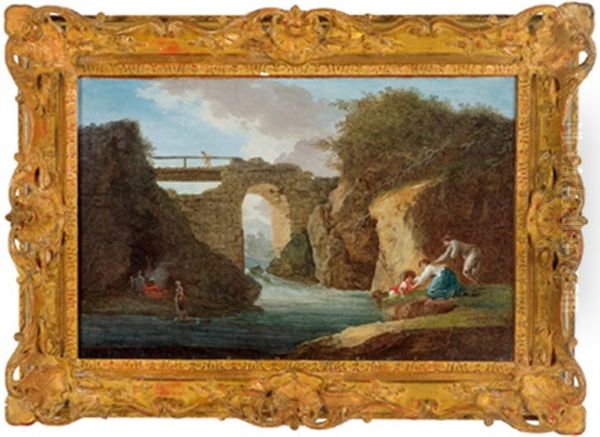 Felsige Landschaft Mit Einer Verfallenen Steinernen Bogenbrucke Uber Einen Sturzbach Und Figuren - view 1