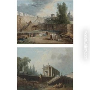 A Park With A Terrace And Washerwomen (+ A Park With A Terrace And A Fountain, And Figures Strolling And Playing Amongst Ruins; Pair) by Hubert Robert