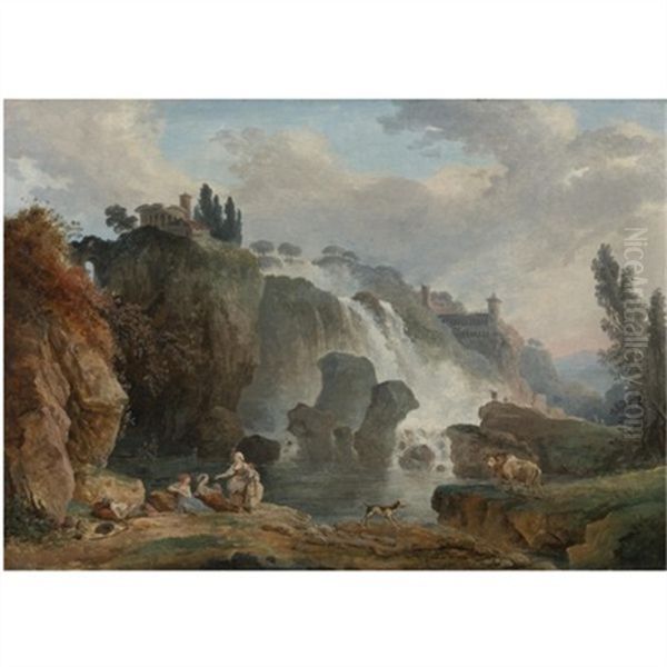 The Cascades At Tivoli With The Temple Of Vesta, Some Figures Resting In The Foreground - view 1