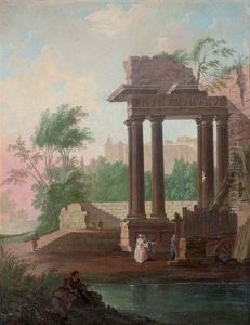 A Capriccio Of Classical Ruins With Elegant Company Conversing By A Mill And Anglers By A River