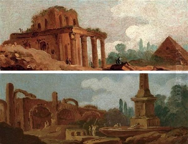Capricci With Figures Amongst Roman Ruins (+ Another; Pair) - view 1