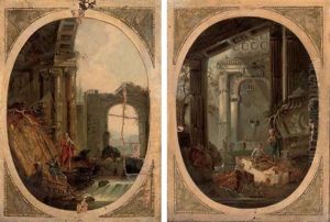 A Capriccio Of Anglers At A River By Classical Ruins (+ A Capriccio Of Washerwomen And Other Figures By A Fountain Amongst Classical Ruins; Pair) by Hubert Robert