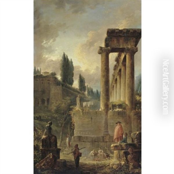 Figures Among Ruins, Including An Ancient Colonnade, With A Row Of Poplars In The Distance - view 1