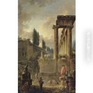 Figures Among Ruins, Including An Ancient Colonnade, With A Row Of Poplars In The Distance by Hubert Robert