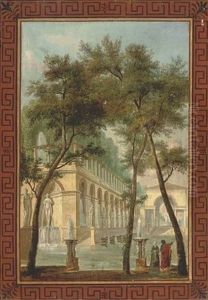 A Capriccio Of A Palace With Elegant Company On A Staircase By A Fountain (+ A Capriccio Of A Garden With Fountains And Elegant Company; Pair) by Hubert Robert