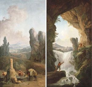 An Extensive Mountainous Landscape With Travellers By A Fountain (+ A Mountainous Landscape With Peasants Crossing A Waterfall; 2 Works) by Hubert Robert