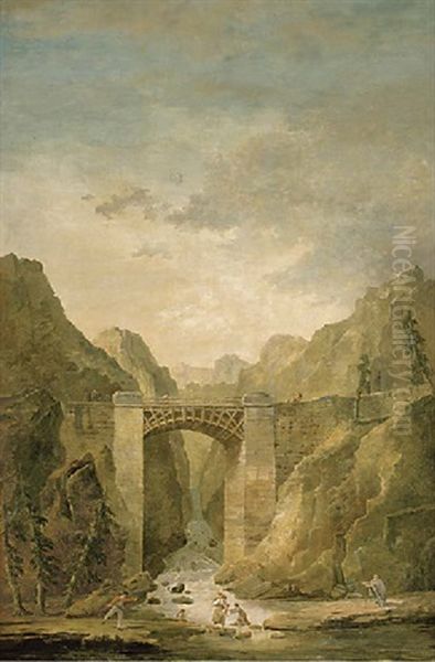 A Waterfall With Figures Crossing The River And Others On A Bridge Above - view 1