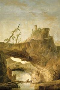 Figures Crossing A Ravine On A Fallen Tree Trunk With A Waterfall Rushing Behind, Figures On A Path To A Hilltop Castle