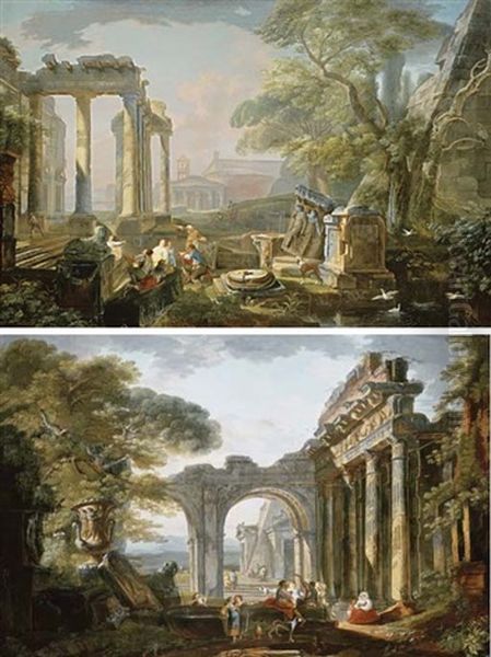 Figures Amongst Classical Ruins (pair) - view 1