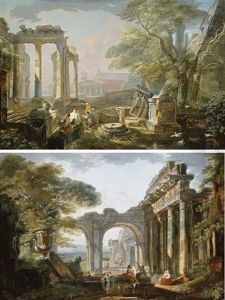 Figures Amongst Classical Ruins (pair) by Hubert Robert