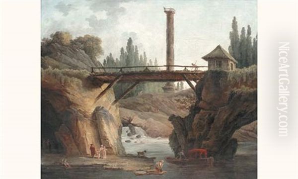 Vue Du Parc De Mereville: La Grande Cascade Derriere Le Pont Rustique Et Le Belvedere Domine Par La Colonne Trajane - view 1