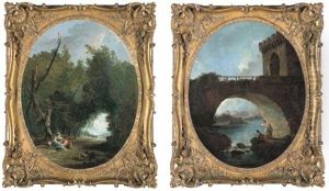 A Wooded Landscape With A Young Couple In A Clearing (+ A Fortified Bridge With A Peasant Fishing With His Wife And Child; Pair) by Hubert Robert