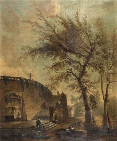 Lavandieres Et Promeneurs Dans Un Parc Aux Architectures Classiques - view 1