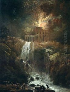 Paysage A La Cascade Avec Un Feu D'artifice