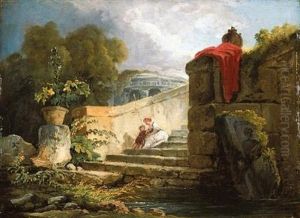 A Scene In The Grounds Of The Villa Farnese, Rome, With A Mother And Child Seated Upon An Antique Stair, A Classical Rotunda Beyond by Hubert Robert