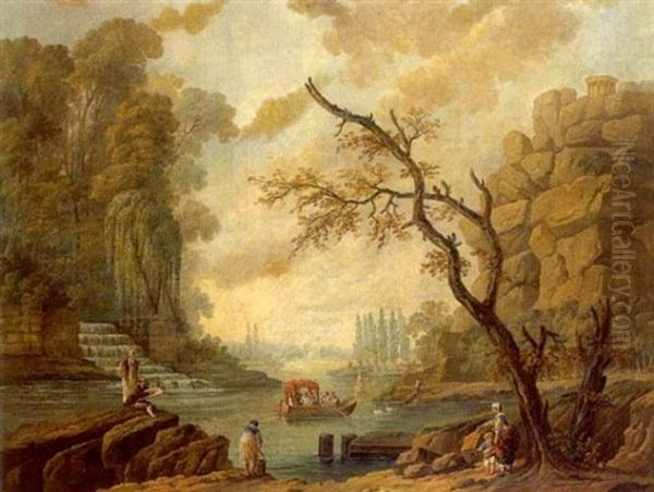 Paysage, Lac Anime De Barques, Sur Le Rivage Peintre Dessinant - view 1