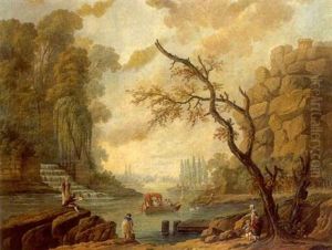 Paysage, Lac Anime De Barques, Sur Le Rivage Peintre Dessinant