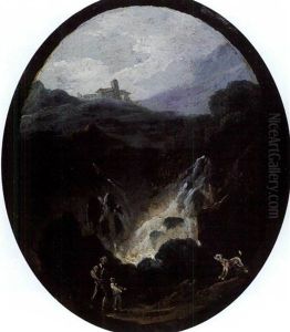 Chasseur Avec Son Fils Et Son Chien Pres D'une Cascade Chasseur Avec Son Fils Et Son Chien Pres D'une Cascade