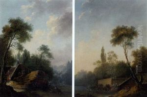 A Wooded Landscape With An Elegant Figure In A Rowing Boat And Others Standing On The Bank (+ A Wooded Landscape With Elegant Figures Reclining On The Banks Of A Pool; Pair)