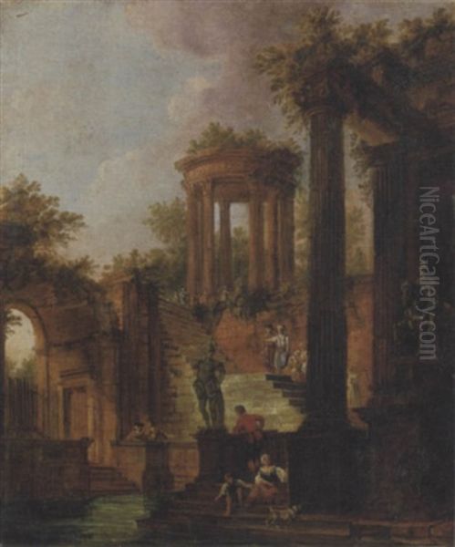 Architetture Classiche In Rovina Con Astanti E Tempietto Circolare In Lontananza - view 1