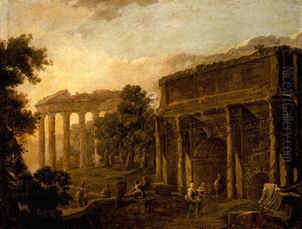 An Architectural Capriccio With Figues Among Roman Ruins - view 1